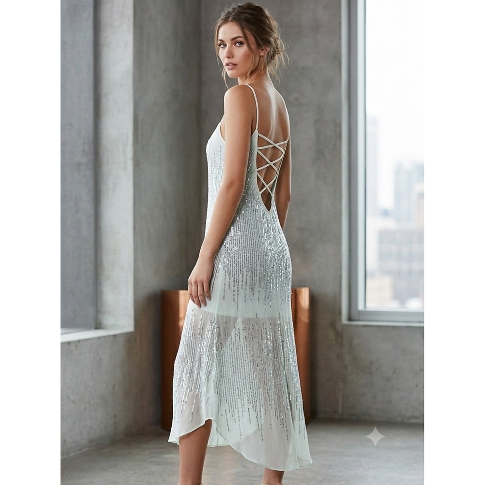 Wildfox Couture White Label Waterfall Gown Mint‎ Green Sequin Lace Up Back Dress
